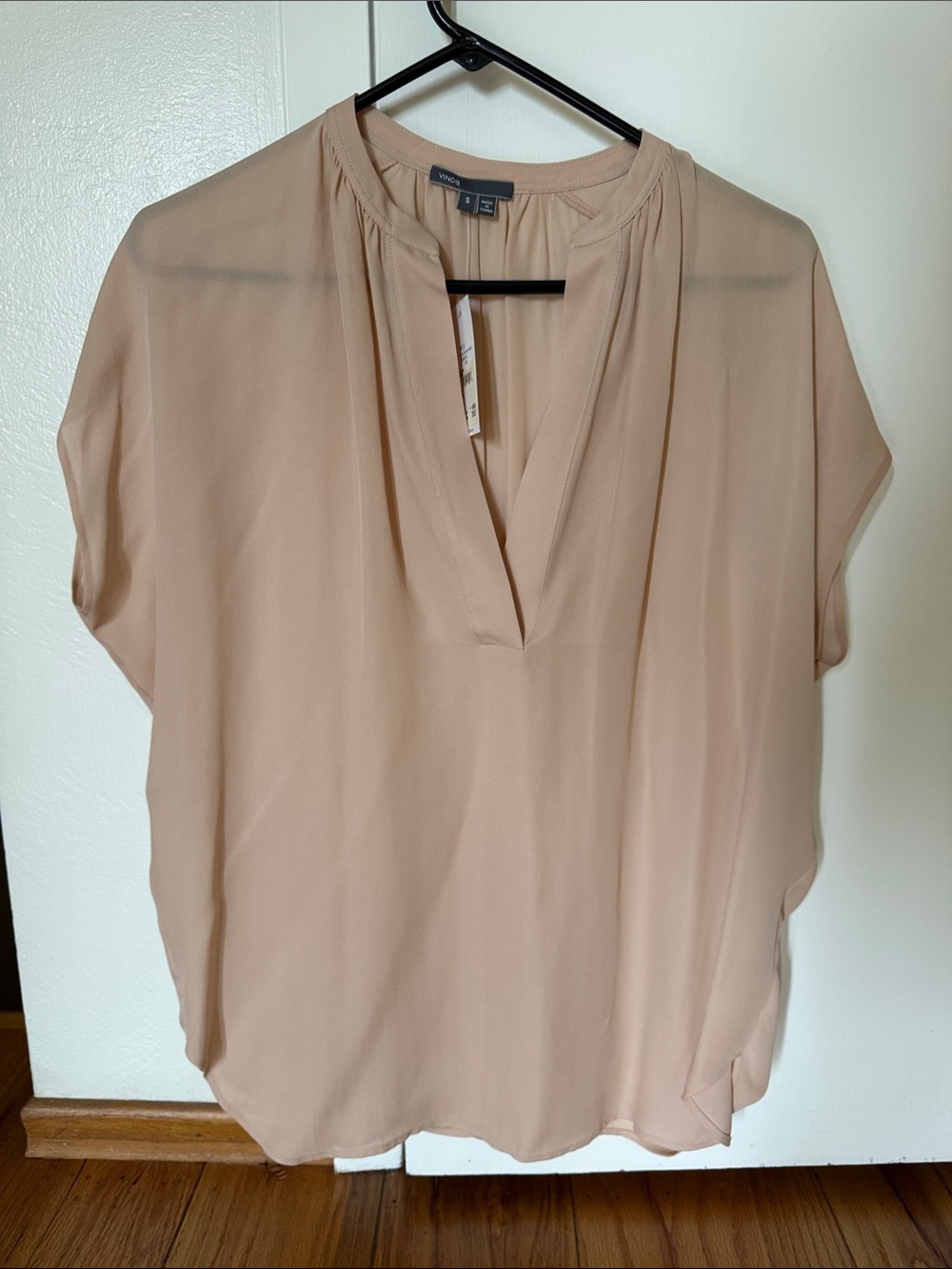 Vince Sheer V-Neck Cap Sleeve Blouse in Light Beige